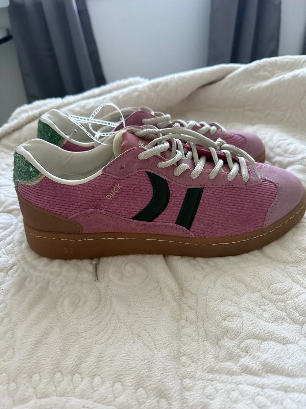 Coolway Pink Corduroy Low-Top Sneakers with Green Heel